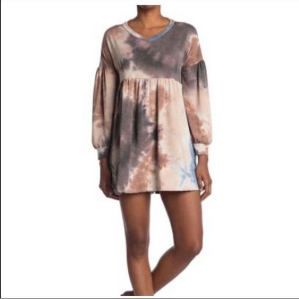 Vneck Blue and Brown Tie Dye Tunic Top Dress with Pockets